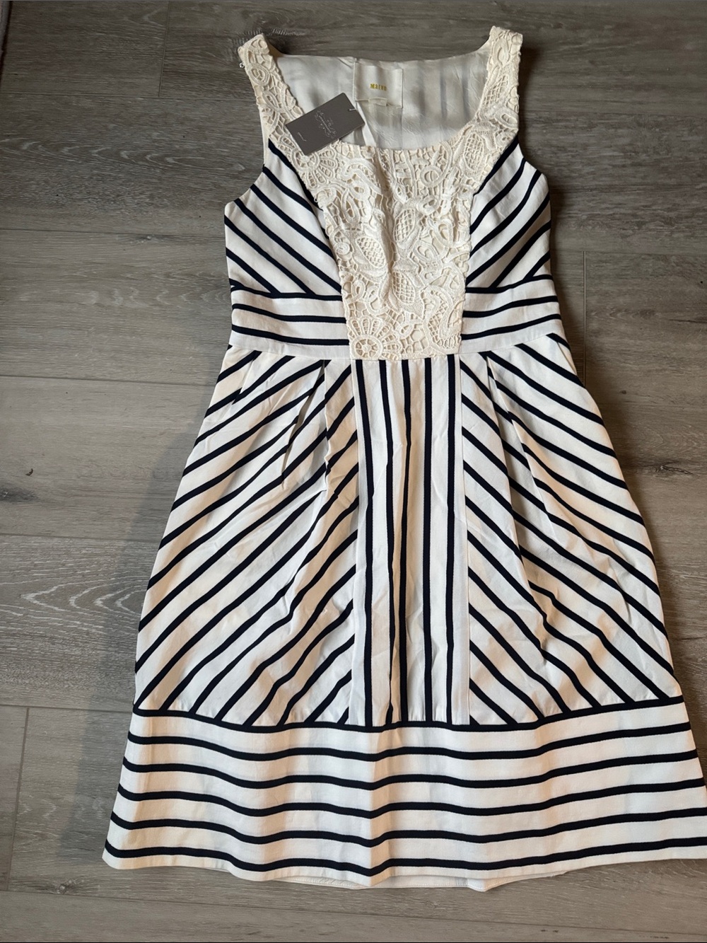 Mauve Cream and Navy Striped Lace-Front Sleeveless Midi Dress